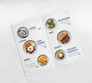 Cartes de menu imprimées sur mesure avec un design élégant, idéales pour les mariages, restaurants et événements spéciaux